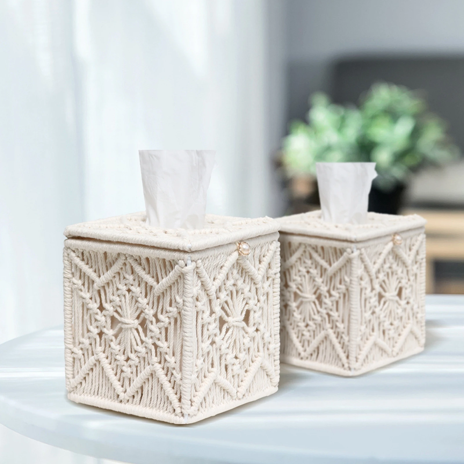 Hand Knitted Cotton Tissue Box Cover Decorative Tissue Holder Napkins Box for Living Room Home Decoration