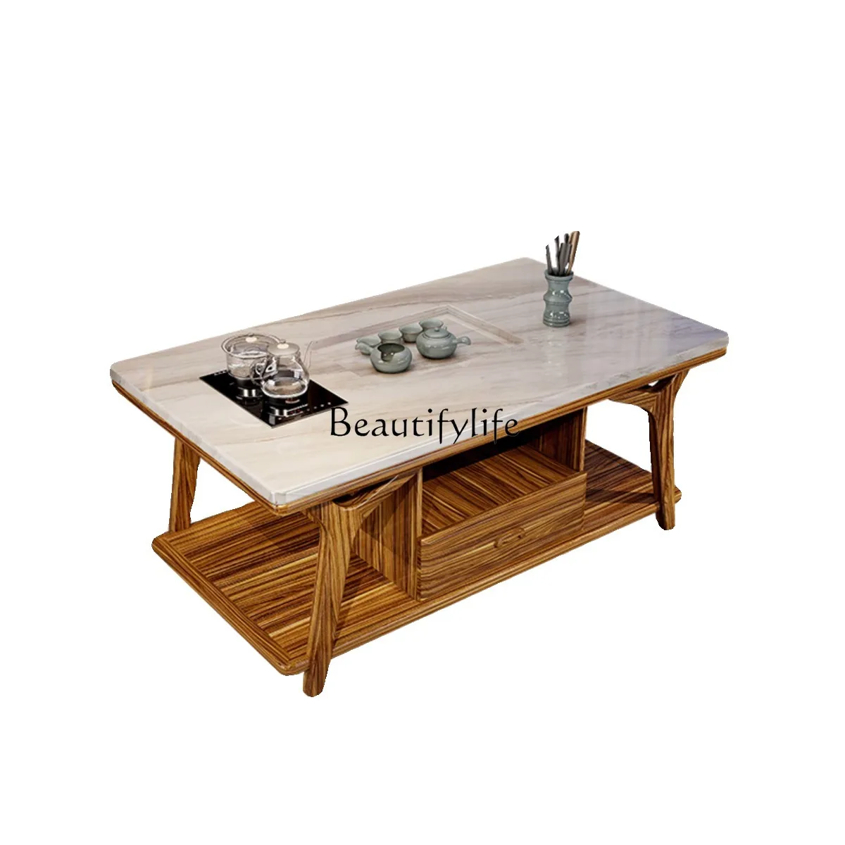 

New Chinese Ebony Marble Tea Table Modern Simple All Solid Wood Kung Fu Tea Table
