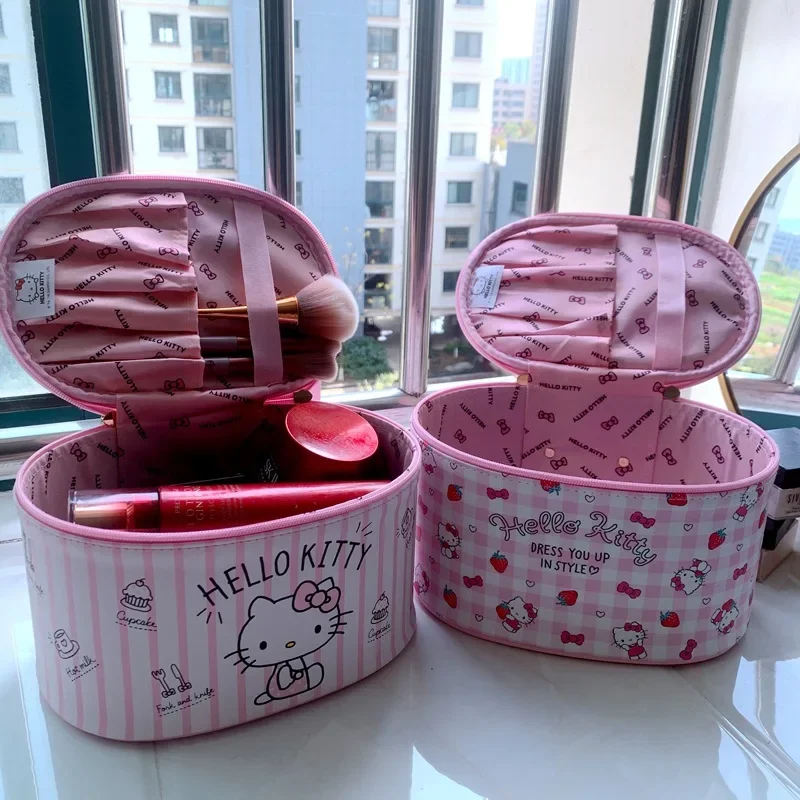 Sanrio Hello Kitty Makeup Bag Kawaii Anime Portable Handbag Cute Bow Pu Waterproof Cosmetic Cases Largecapacity Wash Storage Bag