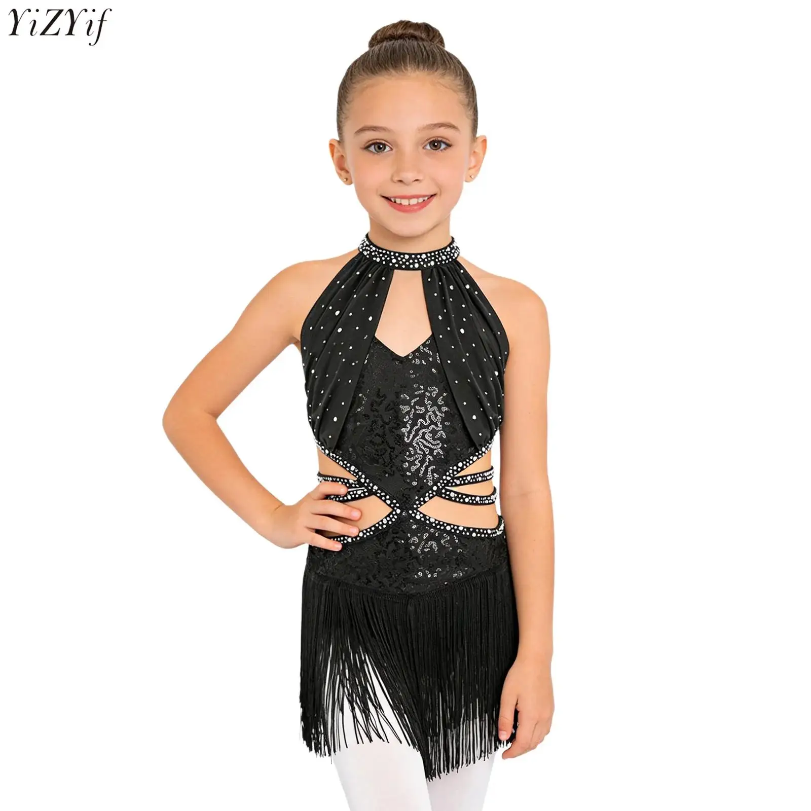 

Shiny Sequins Latin Dance Tassels Leotards Ballet Dress for Kids Girls Ballroom Fringe Chacha Rumba Tango Salsa Bodysuit Costume