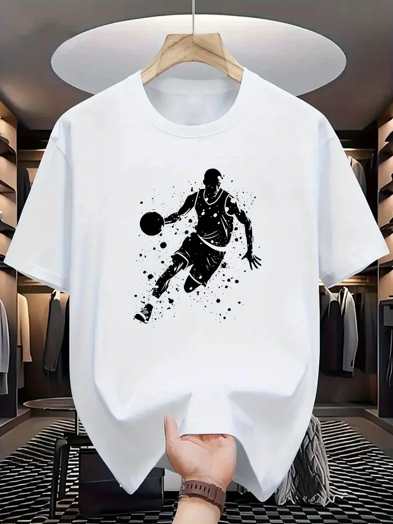 

Comfortable Mens Basketball Print TShirt Regular Fit Crew Neck Slight Stretch Geometric Pattern Polyester Fabric