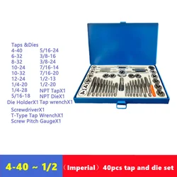 40pcs imperial tap and die set 4-40 1/2-20, used for manual internal and external thread tapping and repair tool combinations