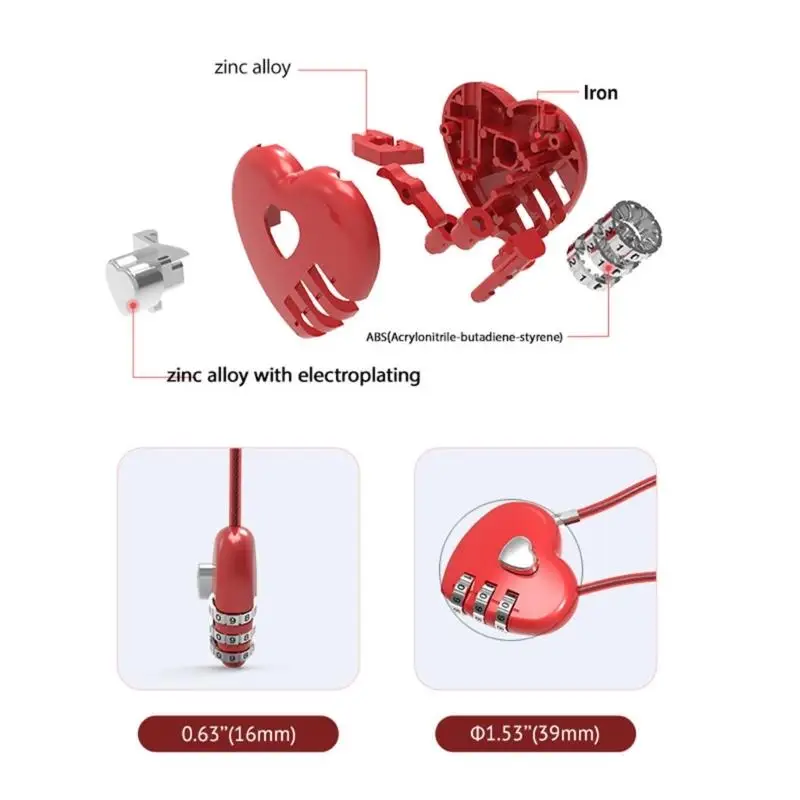 Heart Wish-Lock for Lovers Wedding Mini Code Lock Combination Padlock for Travel Bags Suitcase Long Wire Rope-Lock