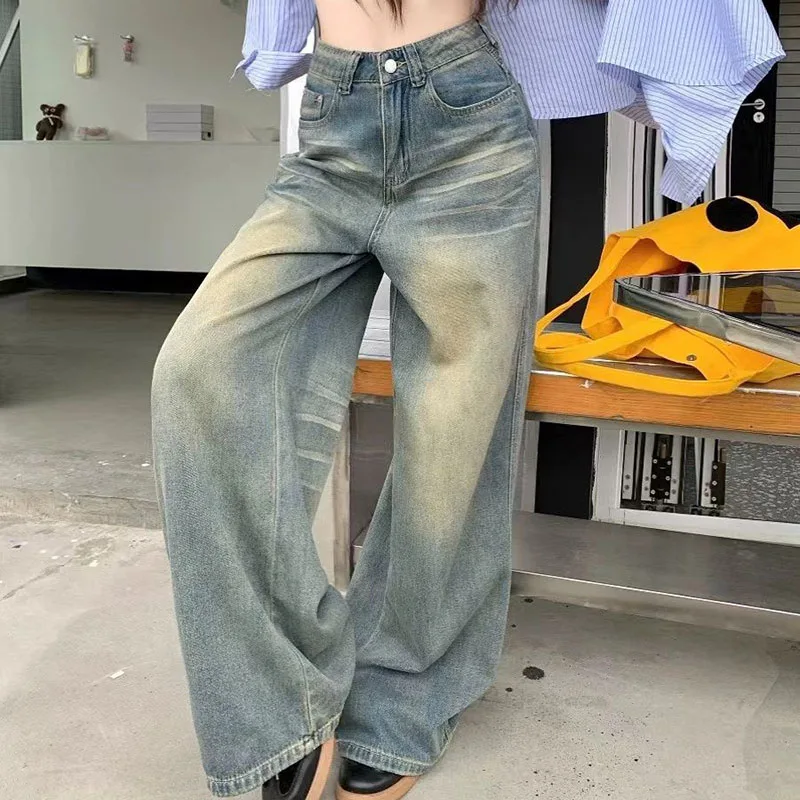 

Spring Autumn Vintage Chicly Button Jeans Women American Simple Baggy High Waisted Denim Pants Washed Y2K Wide Leg Jean Trousers