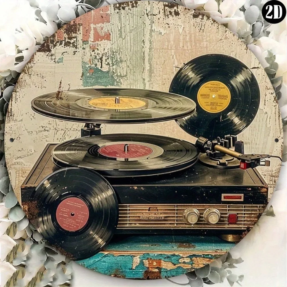 1pc Retro Vinyl Record Player Round Metal Sign - 8x8