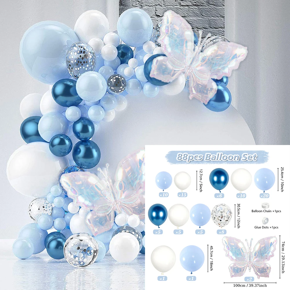 Buntes Schmetterlings-Ballon-Set, blauer und weißer Latex-Ballon, geeignet für Schmetterlings-Mottoparty, Hochzeit, Geburtstag, Dekoration – Detail 5