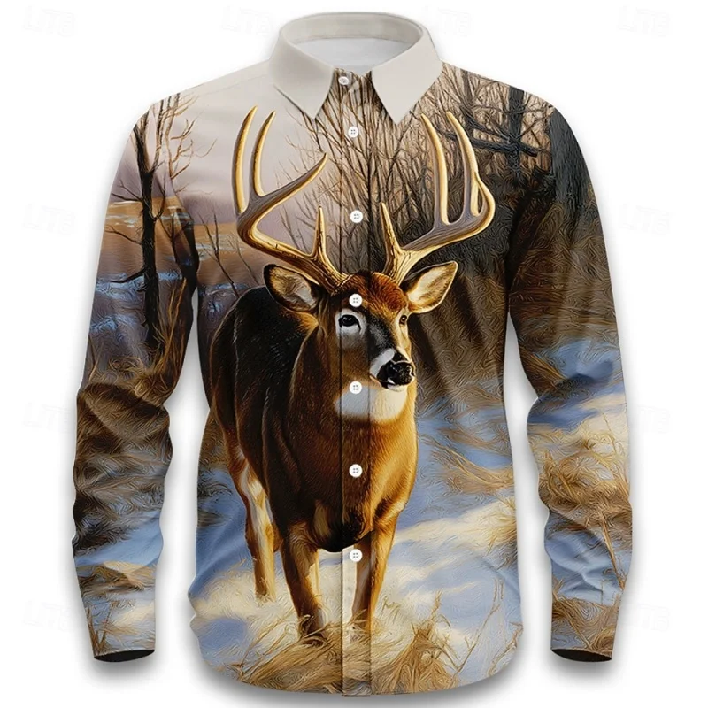 

Новая мужская модная рубашка с воротником на пуговицах и длинным рукавом, дизайн с 3D рисунком лося в виде животного, высококачественная удобная дышащая рубашка