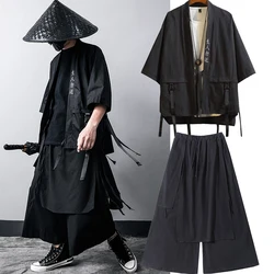 Japanese Traditional Black Kimono Cardigan Diablo Samurai Ninja Cosplay Suit Chinese Hanfu Style Coat Streetwear Top and pants