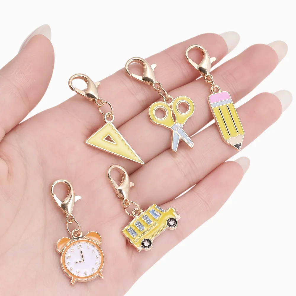 10Pcs Mixed Stationery and learning supplies Charm Pencil Ruler Lobster Buckle Kit Pendant For DIY Jewelry Accessories Crafts