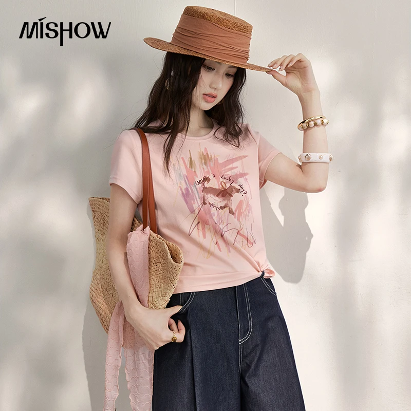MISHOW Hand-Painted Puppy Print T-Shirt For Women 2026 Summer Loose Cute Pink Round Neck Casual Short Sleeved Top MXF25T1619