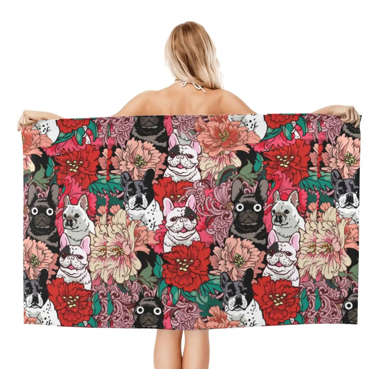 Custom French Bulldog 	 Flowers Beach Towel Quick Drying Frenchie Dog Lover Soft Linen Microfiber Pool Sauna Towels