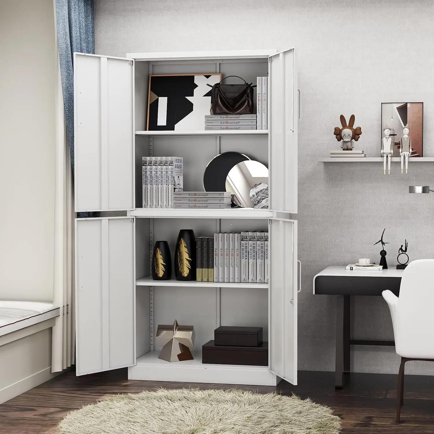 Metal Storage Cabinet Lockable 71in Steel Locker 2 Shelves 4 Doors Office Garage Home Pantry, Customized