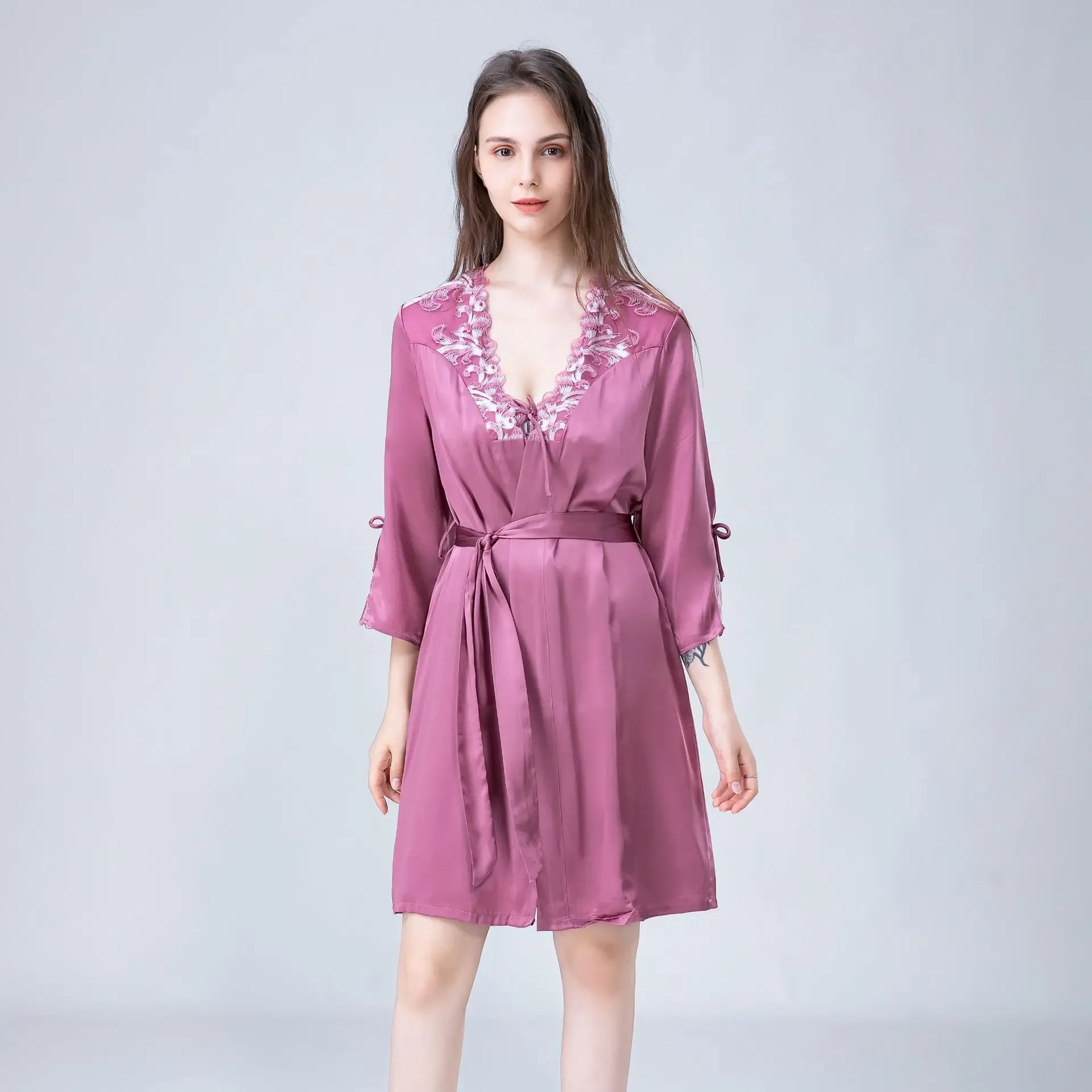 

Women's Sexy Silk Robe and Chemise with Delicate Lace 100% Mulberry Silk Belted Kimono Nightgown Spring Autumn Loungewear Pajama