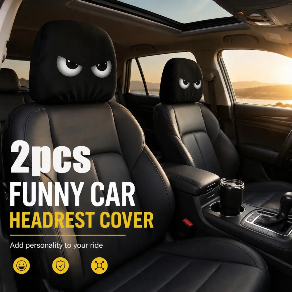 2PCS White Slant Eyes Car Headrest Covers 2D Double Sided Print Funny Universal Auto Interior Decor Accessories