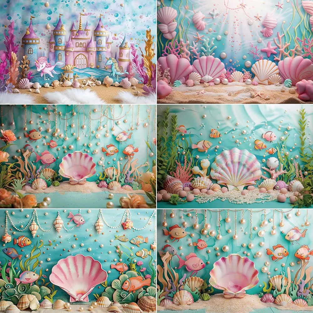 

MOON.QG Mermaid Shell Birthday Party Shooting Props Backdrop Summer Princess Underwater Background Custom Photography Photocall