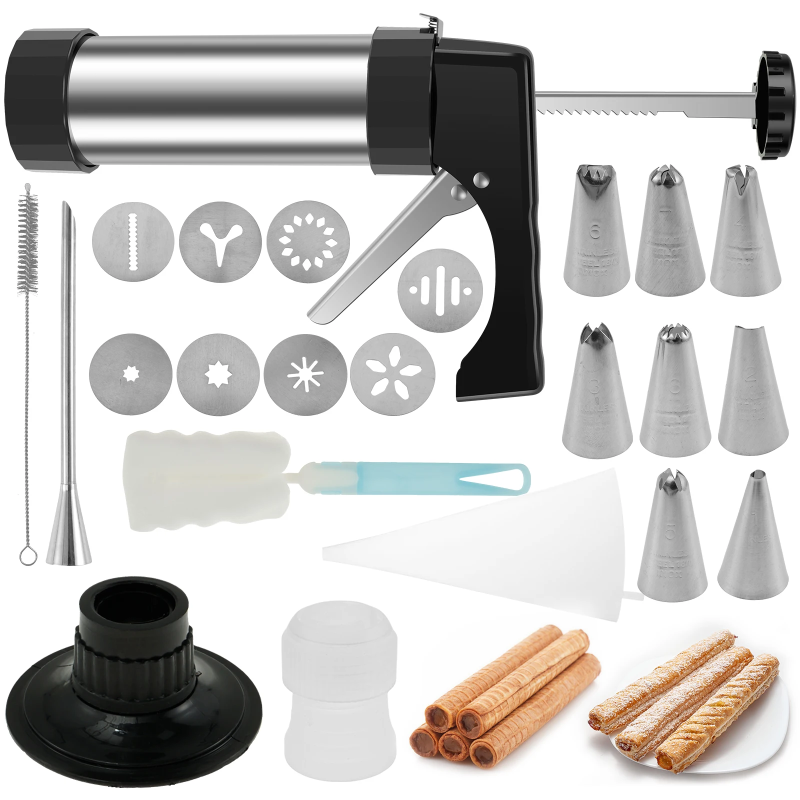 Multipurpose Stainless Steel Cookie Maker Press Kit Manual Churros Maker Machine Cookie Biscuit Press Kit Press Gun Biscuit Tool