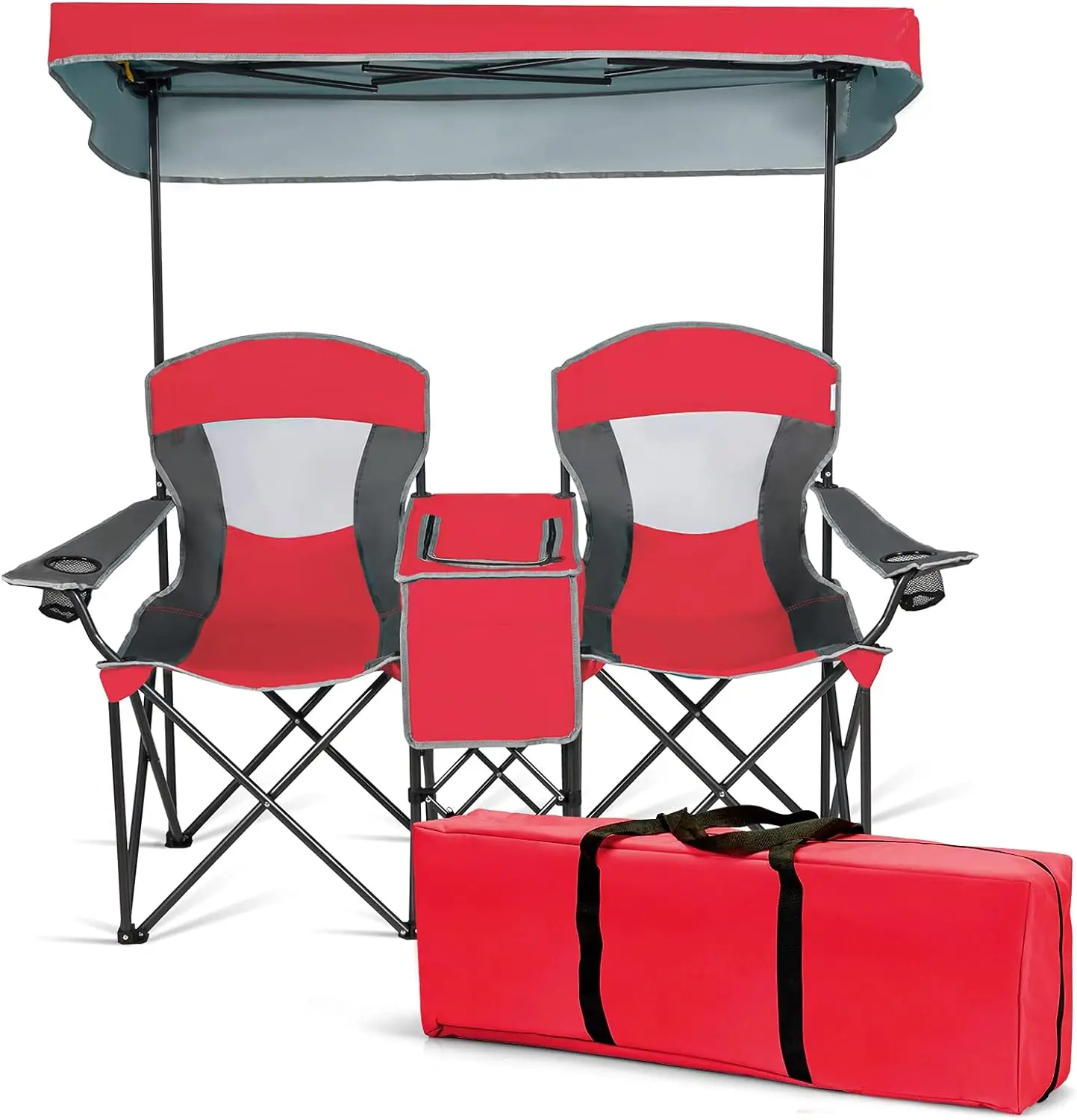 

Double Camping Chair w/Shade Canopy, 2-Person Folding Camp and Beach Chair with Mini Table Beverage Cup Holder Carrying Bag