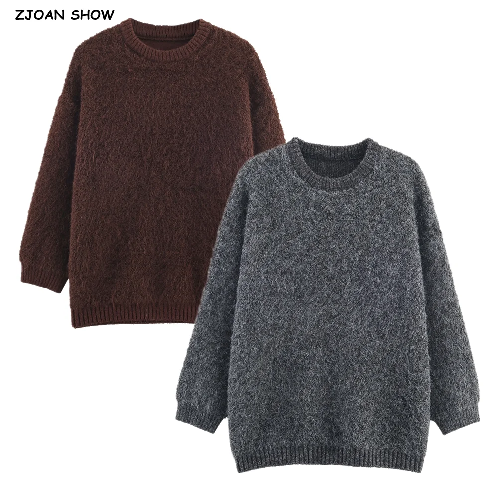 

4 цвета, 2025 шикарный зимний женский вязаный лохматый свитер в рубчик с круглым вырезом, свободный пуловер с напуском и длинными рукавами, джемпер, плотный трикотаж