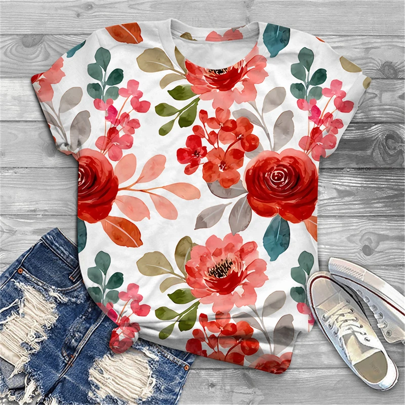 Женская футболка с 3D блестящим цветочным узором, новинка лета 2023, корейская уличная мода, повседневная рубашка с круглым вырезом и короткими рукавами с принтом