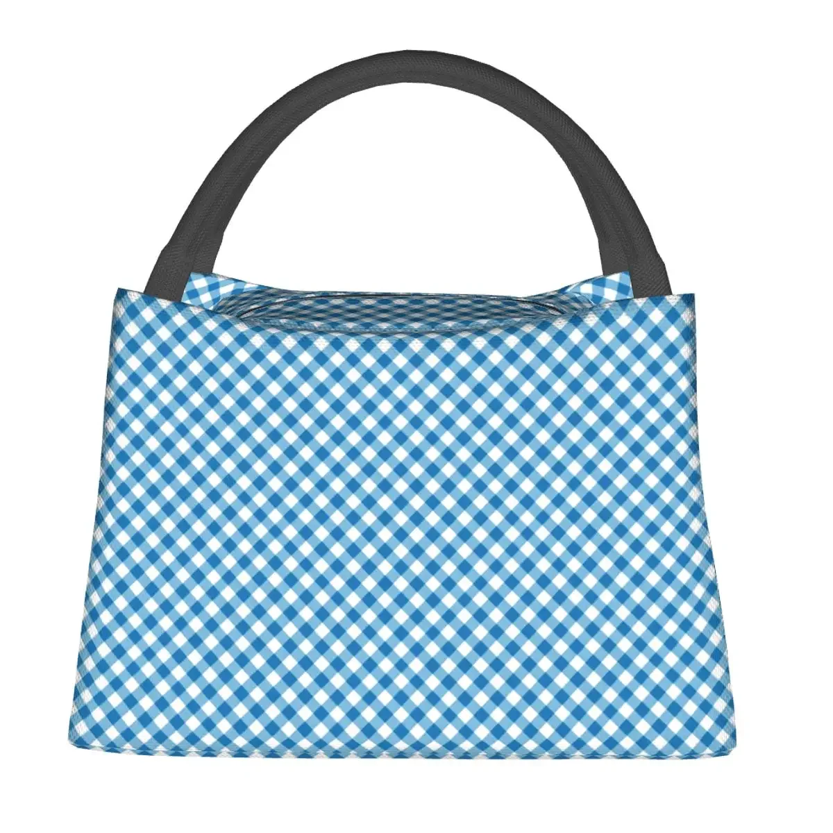 Gingham Print Lunch Bag Blue Check Travel Lunch Box For Unisex Cute Designer Thermal Tote Handbags Oxford Cooler Bag