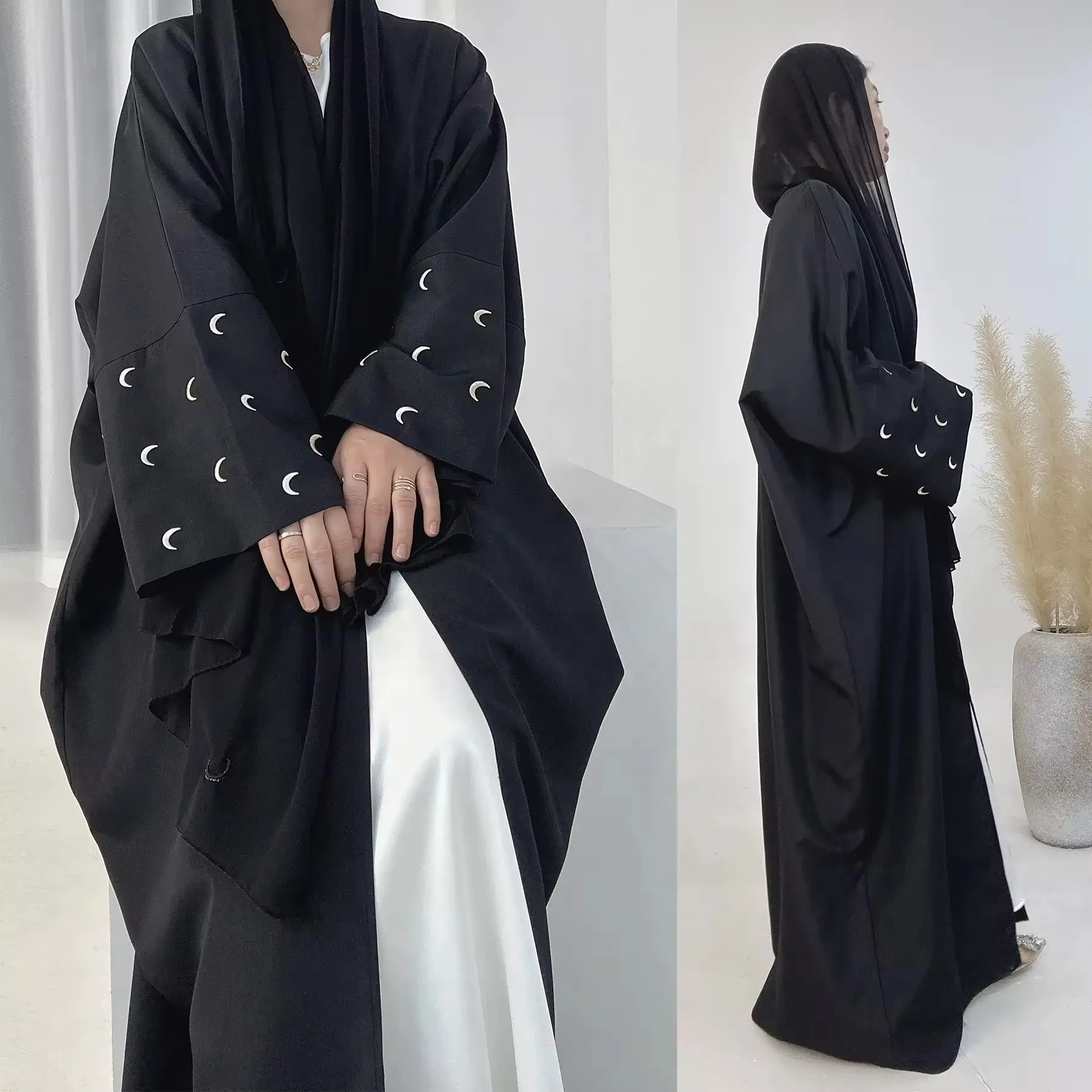 Hot Moon Embroidery Abaya Loose Bat Sleeves Kaftan Caftan Ramadan Eid Clothes Linen Kimono Open Robe Islamic Women‘s Clothing