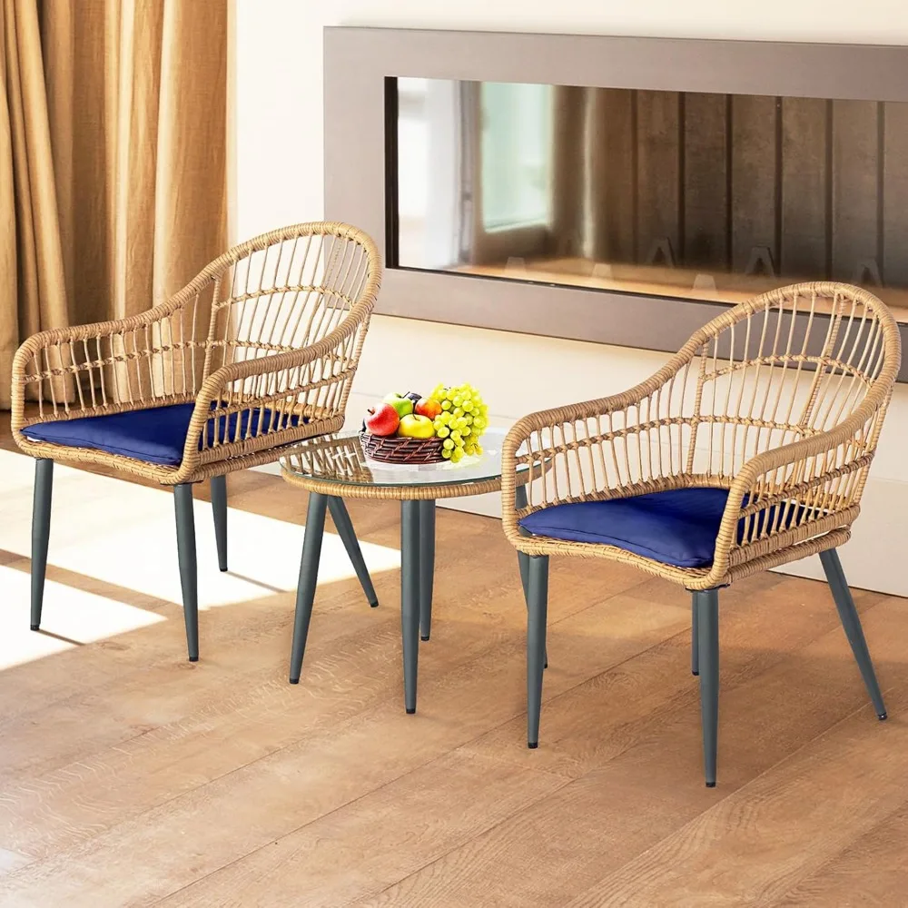 

3 Piece Outdoor Wicker Furniture Patio Bistro Set, Outdoor Patio Chairs Set with Table with Cushion for Porch Poolside Garden Ba
