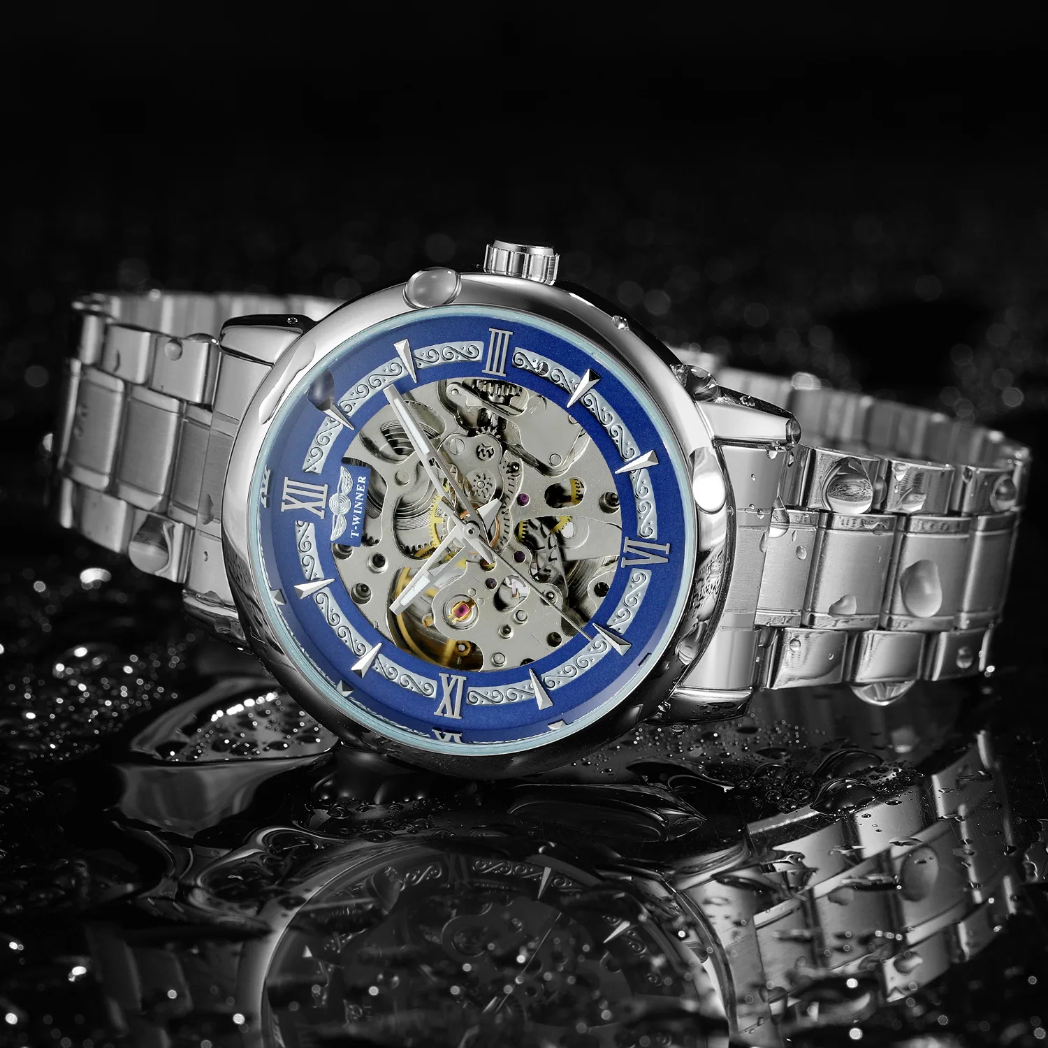 Automatic Mechanical Watch for Men Business Man Skeleton Stainless Steel Blue Reloj Male Vintage Clock Hombre Relogio Masculino