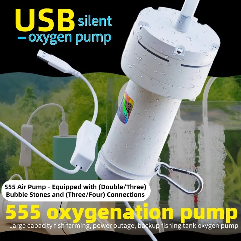 Aquarium fish tank with USB air pump, high flow portable oxygen pump, backup oxygenation pump for power outage fish tank