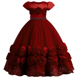4-12T girl's embroidered flower poncho dress banquet host performance dress Children's pearl embroidered princess dress