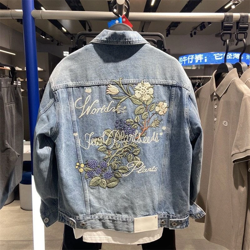 2026 Autumn Men's New Fashion Slim Fit Casual Floral Embroidered Denim Jacket Trendy Coat