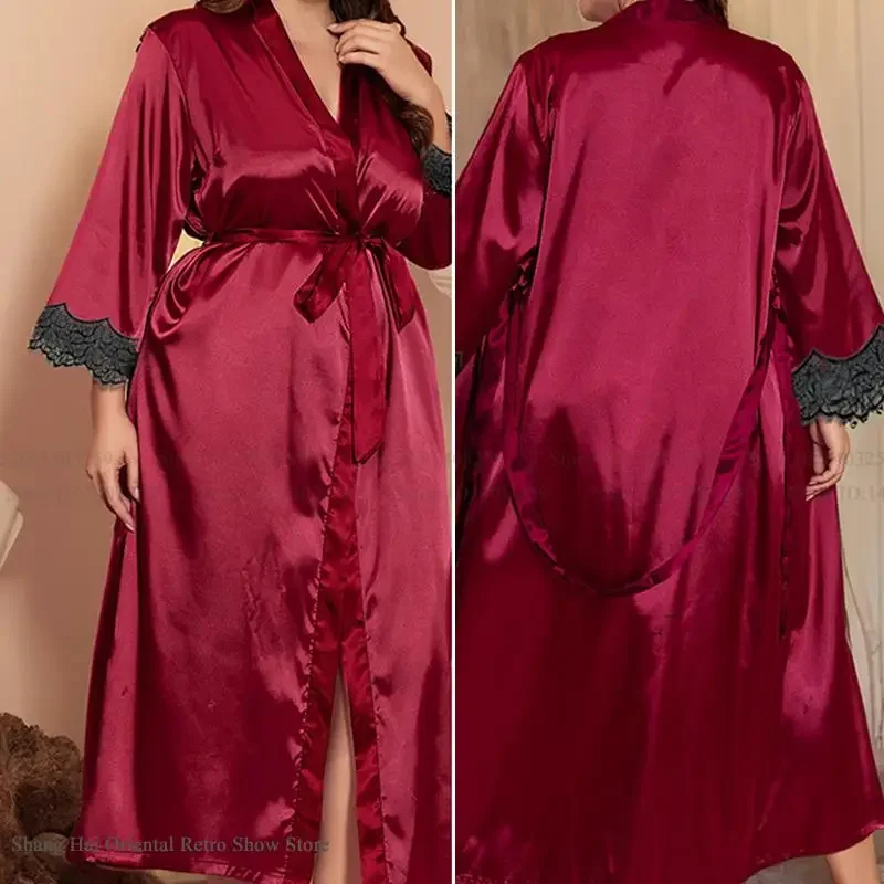 Plsus Size 5Xl Women Long Robe Kimono Bathrobe Gown Burgundy Silk Satin Sleepwear Night Dress Loose Casual Homewear Loungewear