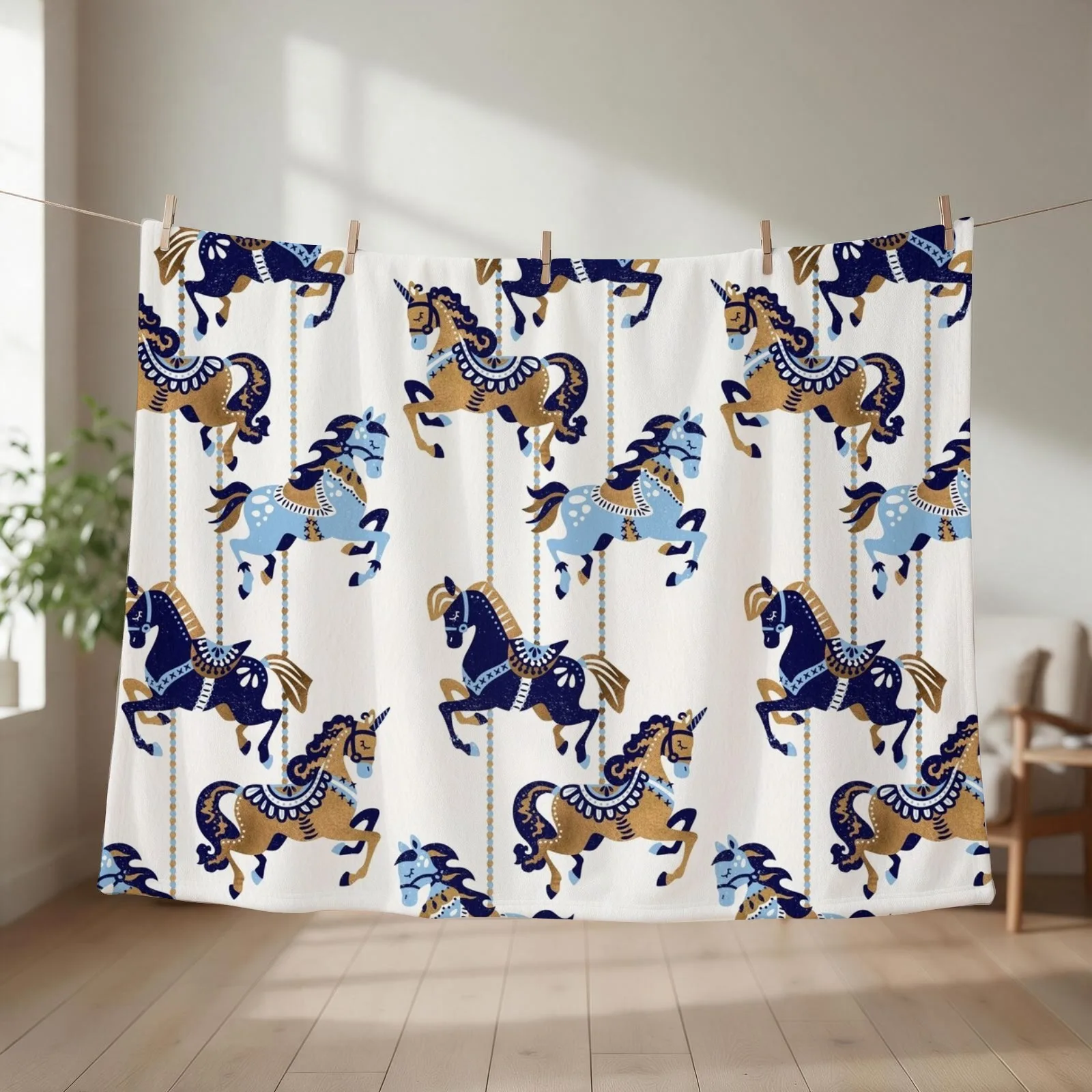 Carousel Horses a?? Copper & Blue Throw Blanket couch cozy soft plush fuzzy picnic outdoor blanket