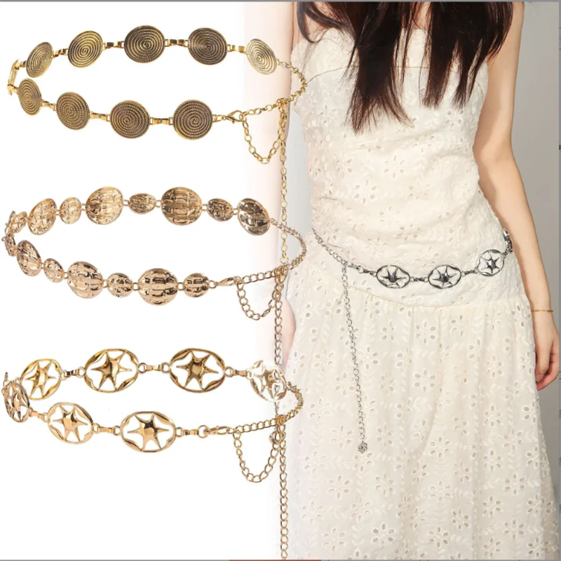 

Модная овальная вихревая спиральная металлическая поясная цепочка для женщин в стиле ретро, изысканные позолоченные ремни, женские украшения для тела, подарки
