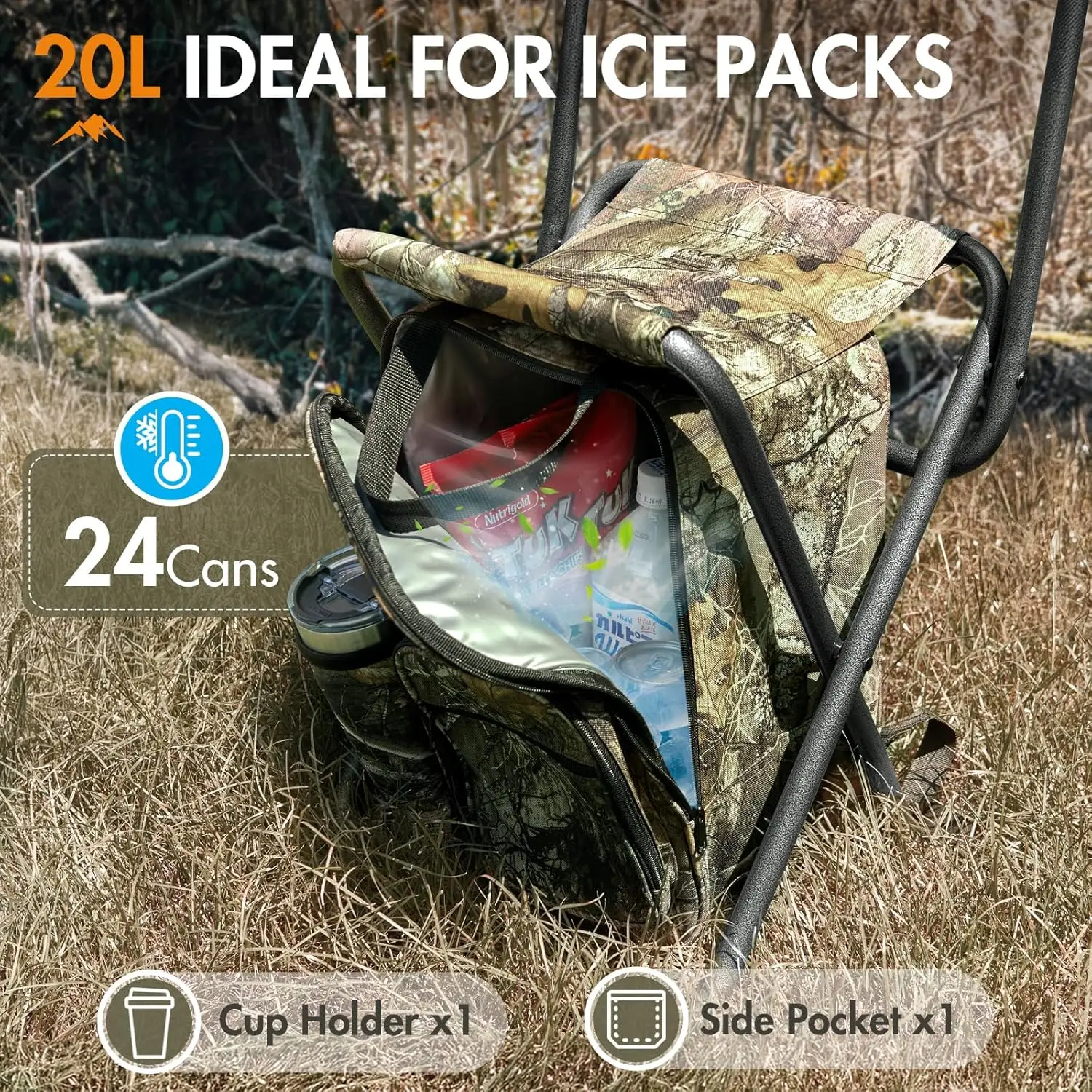 كرسي تبريد على الظهر قابل للطي مع مسند ظهر للتخييم والصيد والمشي لمسافات طويلة والسفر، يدعم 350 رطلًا #6