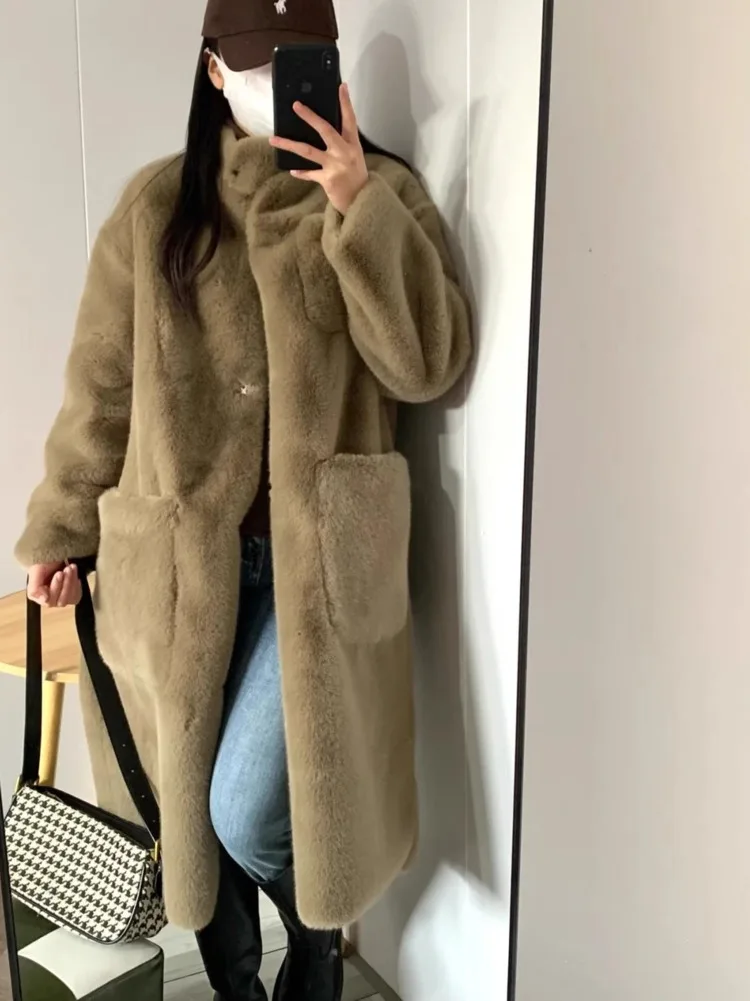 Chic Coffee Fur Imitation Coat Women Winter Mid Long Loose And Slim Fur Environmental Protection Mink Fur Buckle Mink Warm Coat