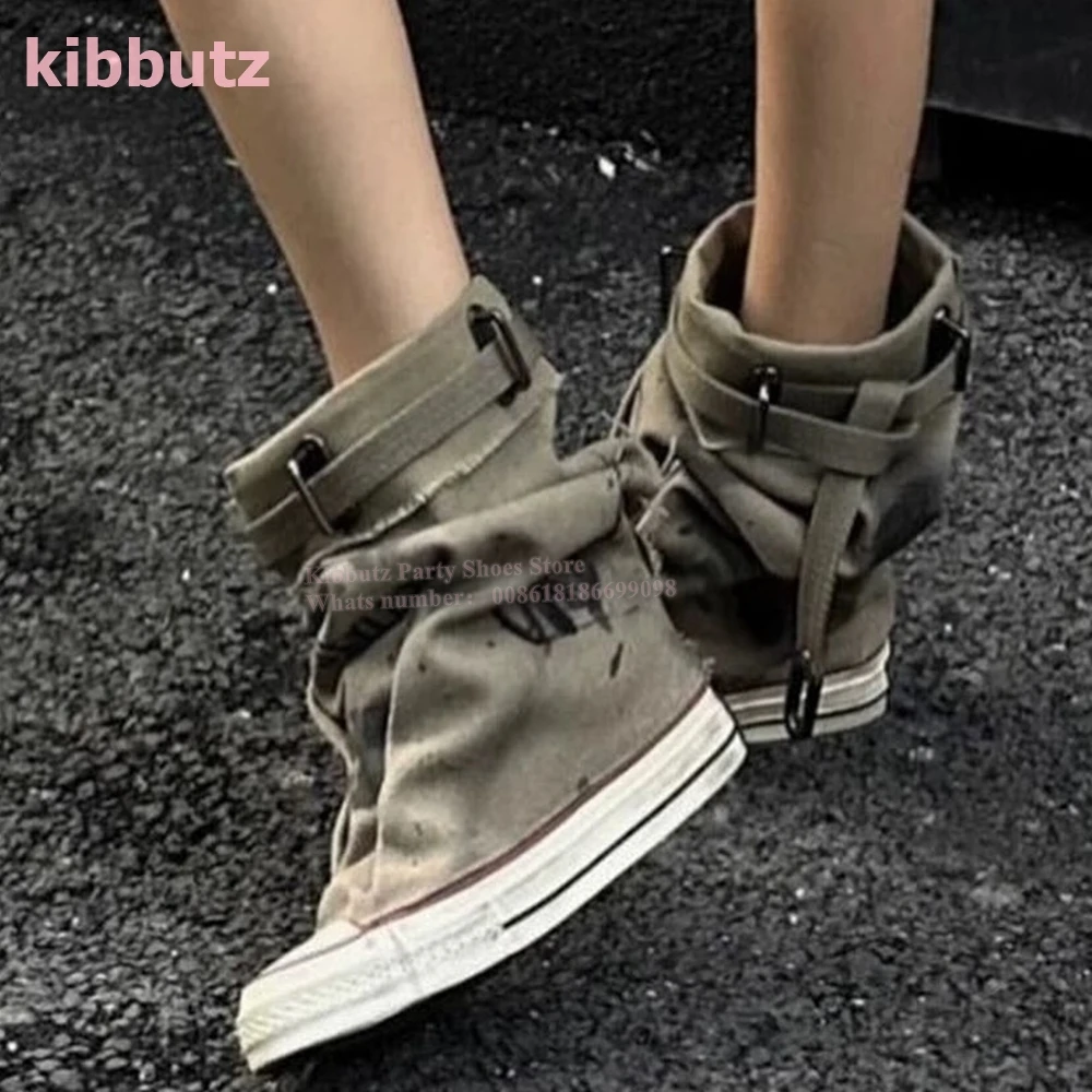 Retro Canvas Mid-Calf Boots Thick Sole Round Toe Belt Buckle Modern Sneaker Pleated Sexy Fashion Y2K Punk Street Shoes for Women