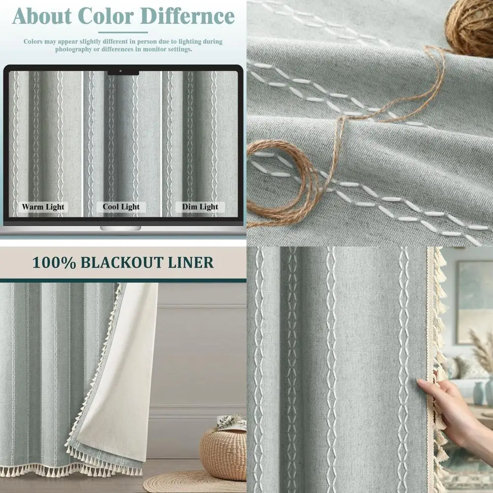 

Шторы блэкаут в стиле бохо, 2 панели по 84 дюйма, светло-зеленый лен с кистями и хлопковой вышивкой для загородских интерьеров