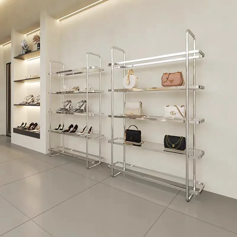 Stainless Steel Glass Display Rack Multi Tier Shelf for Shoe Bag Store Retail Showcase view 4