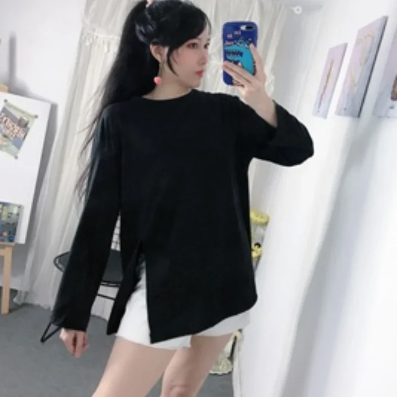 

Solid T-shirts Women Simple Side-slit Design Fashion Streetwear Loose Students Classic Tops Tees Spring Tender Popular Stylish