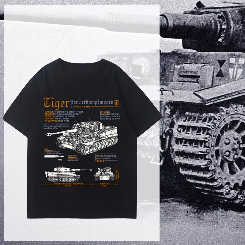 Verano 2025 moda Segunda Guerra Mundial camiseta alemana ejército alemán guerra militar ventilador manga corta Fury Sherman M4 Tiger Tank ropa