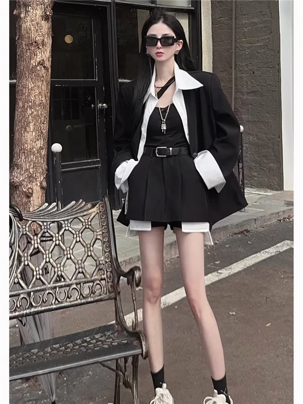 

Faionable Korean Sle Patchwork Suit Jaet with Belted Skirt Pants High-End Two-Piece Set Women's Spring Autumn New Arrival