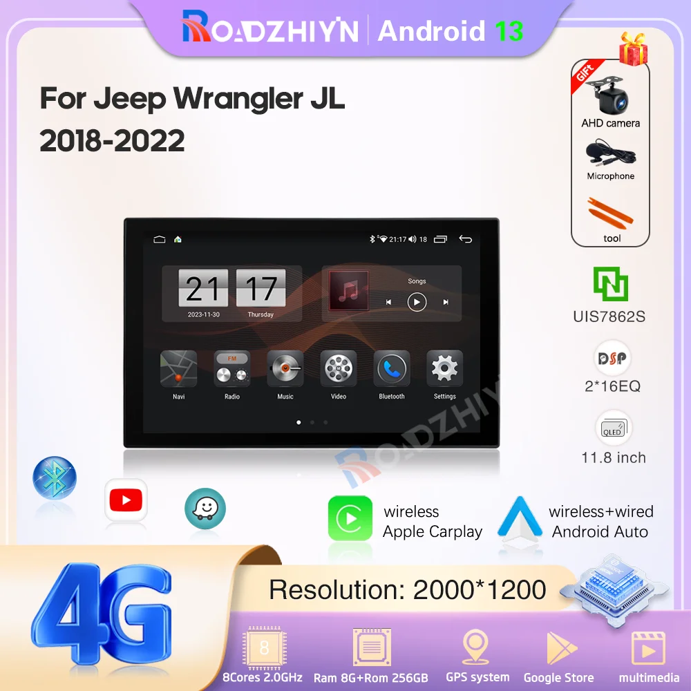 

11.8inch Android13 car radio multimedia player For Jeep Wrangler JL 2018-2022 GPS navigation stereo Android auto Carplay 4G 360