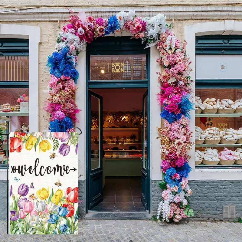 ฤดูใบไม้ผลิฤดูร้อนดอกไม้ยินดีต้อนรับสวนธงทิวลิปยินดีต้อนรับบ้านธงสองด้านฟาร์มเฮาส์ลานธงซีซัน