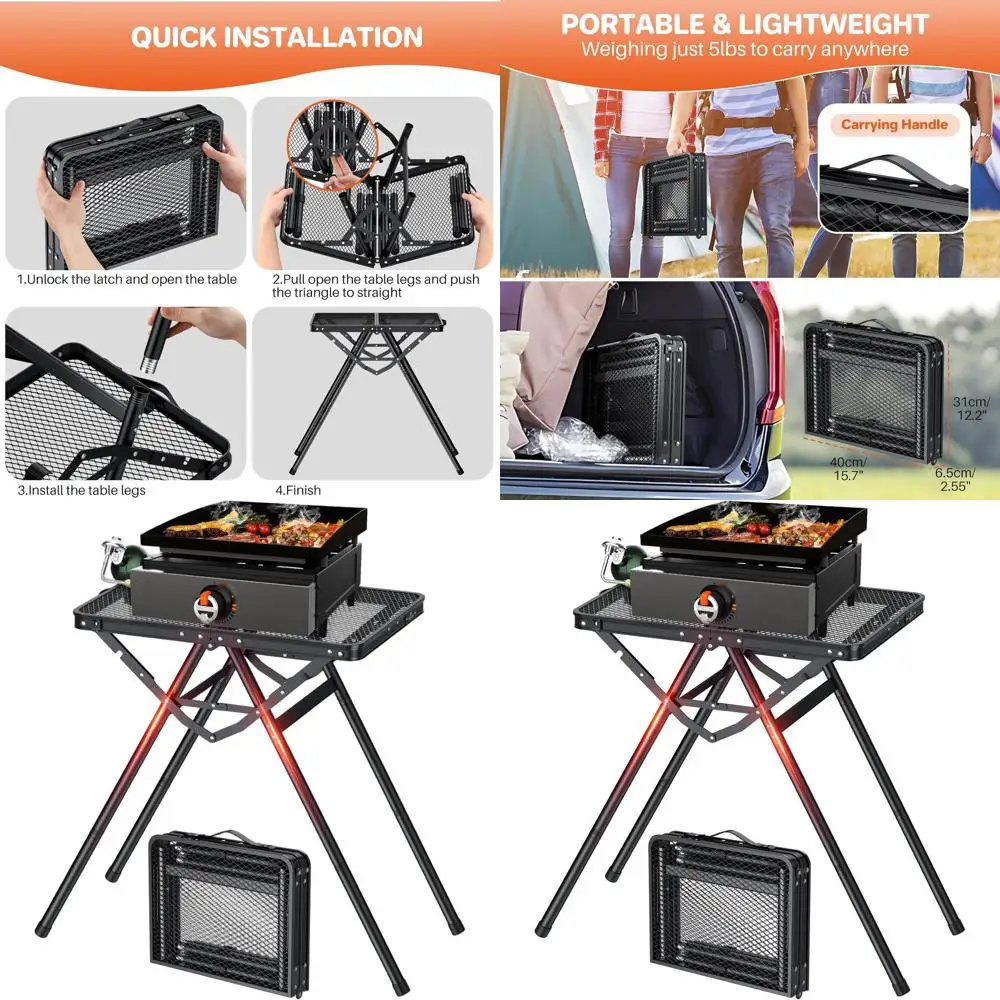 

Портативный складной металлический стол для гриля, 23.62x15.75, подходит для грилей 17 или 22 дюймов, максимальная высота 28, идеально подходит для кемпинга и барбекю