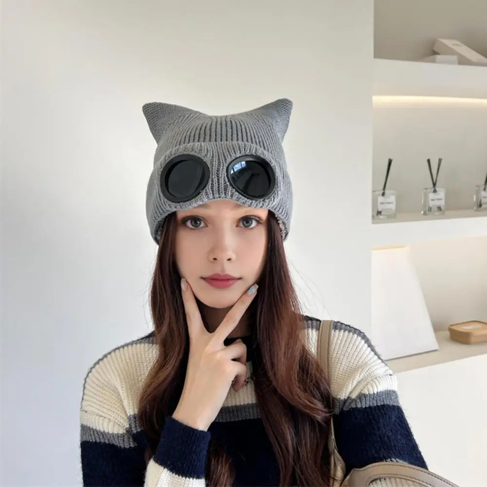 Polyester Hat Cute Kitty Head Winter Hat with Goggle Decor Ball Detail Windproof Demon Cap for Women Warm Anti-slip Headwear