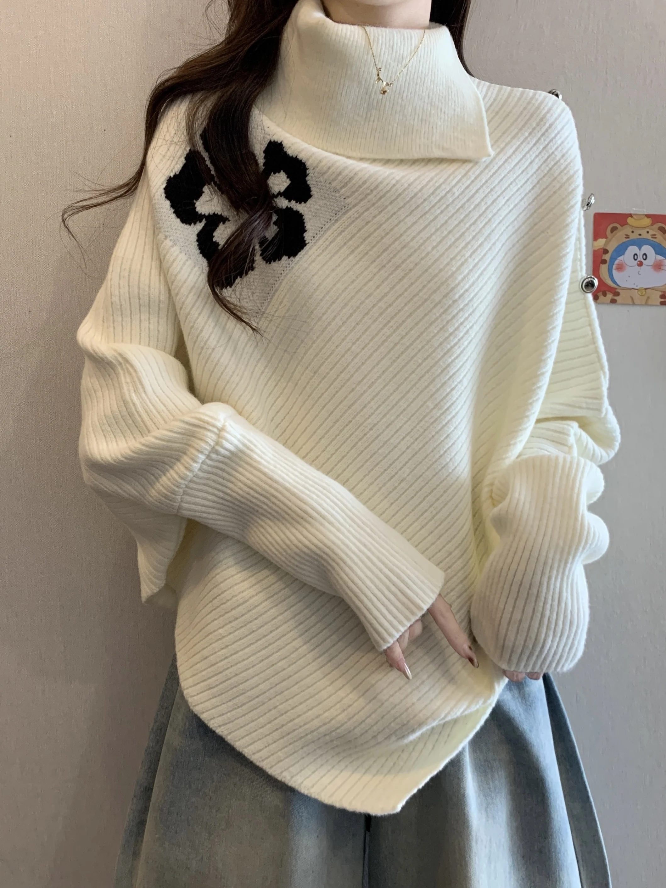 

Женский вязаный свитер большого размера с высоким воротником и рукавами «летучая мышь», свободный крой, повседневный, осенне-зимний модный топ