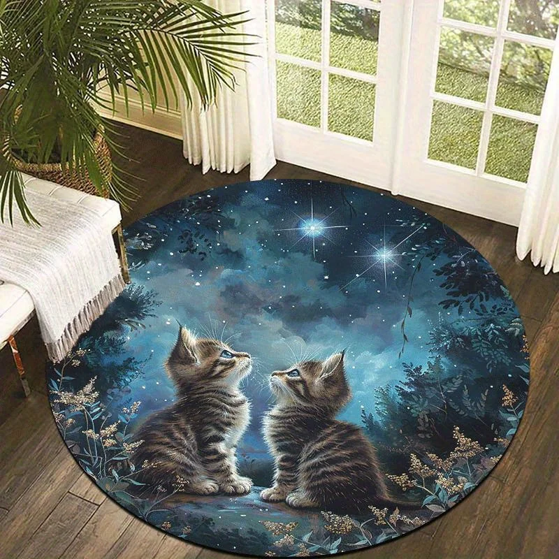 A Romantic Cat on a Round Rug Under The Starry Sky, Lightweight, And Machine Washable, Perfect for Home Decor. It Creates a Tranquil And Mysterious Atmosphere, Suitable for Living Rooms, Bedrooms, And Anniversary Gifts