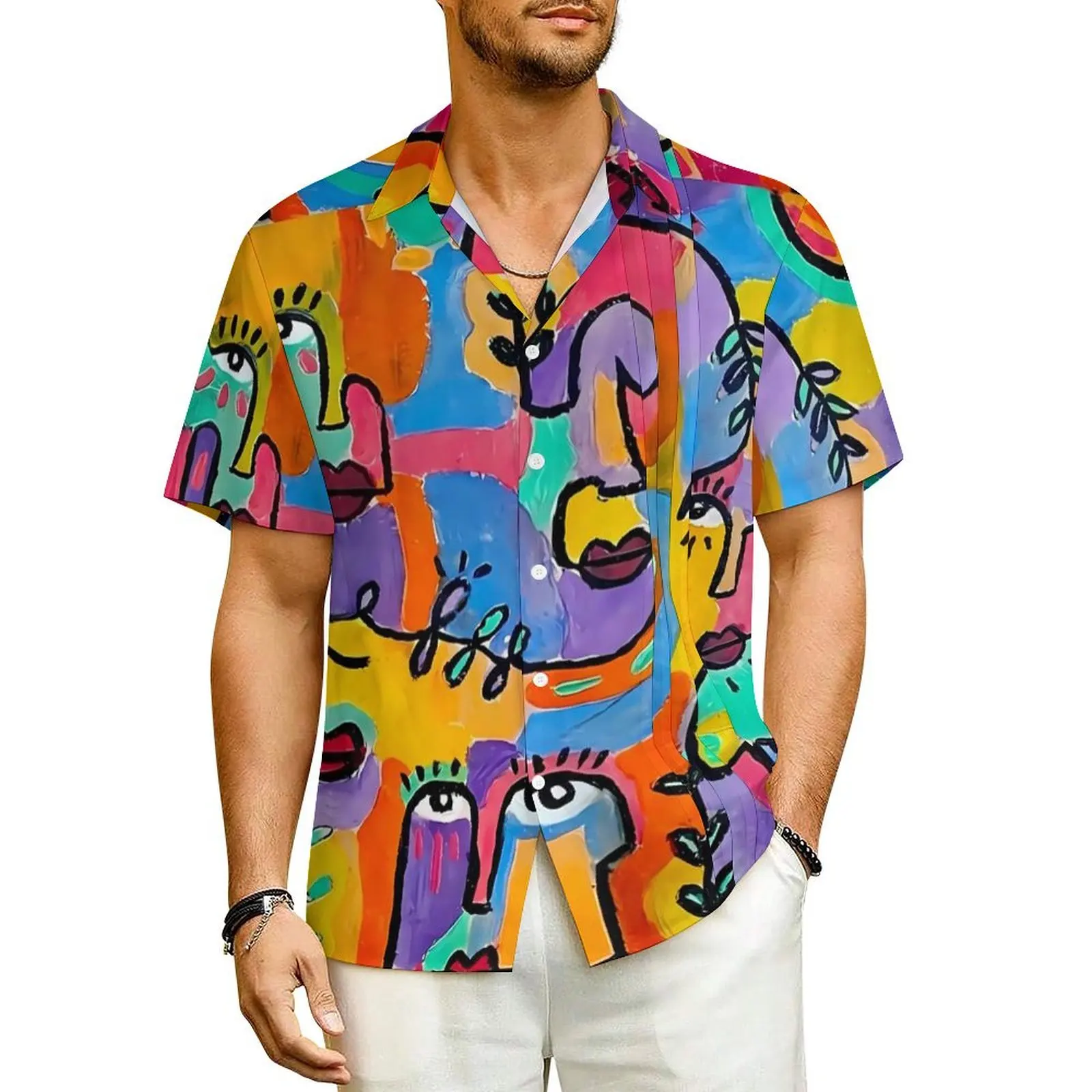 

Гавайская рубашка для отпуска, женская блузка с абстрактным изображением лица, новинка, повседневные рубашки в стиле поп-арт, Мужская Удобная Одежда большого размера с коротким рукавом