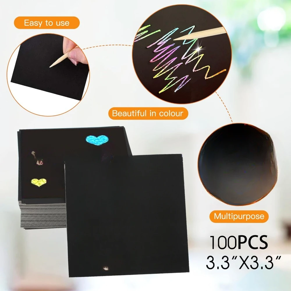 100 штук художественных заметок Magic Rainbow Flash Scratch Art, крутая скретч-бумага для подростков, пустая скретч-арт 3,3 "x 3,3"