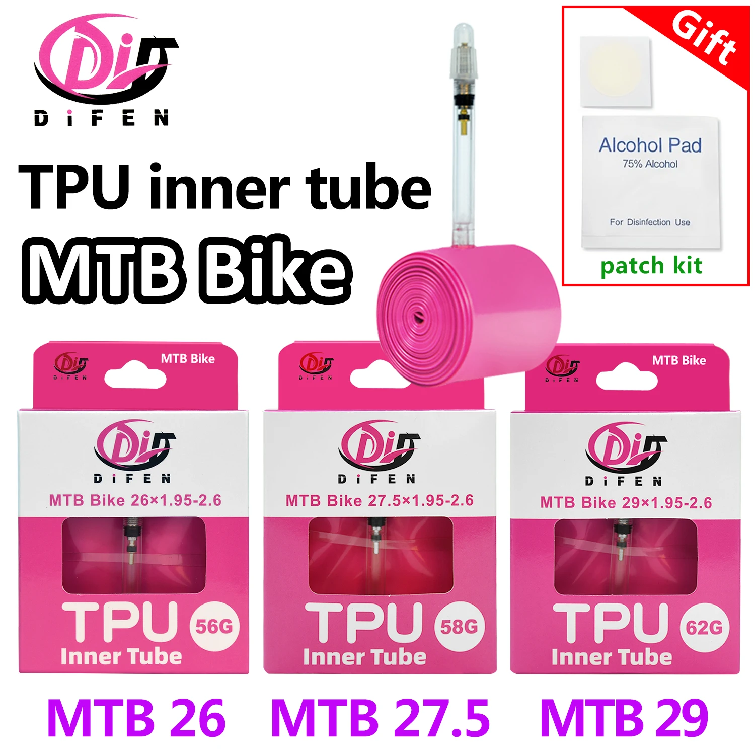 AliExpress NONE DiFEN 56G/58G/62G MTB Bike TPU Inner Tube 26/27.5/29 1.95-2.6 Mountain bike French Presta Valve FV 45MM Ultra-Light Tire tubes